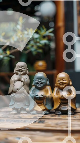 Intra Συλλεκτικό Ξύλινο Παζλ Plywood  4mm - Χαμογελαστά ειδώλια του Βούδα σε ένα ξύλινο τραπέζι Σε Ξύλινο Κουτί - Διαστάσεις: 10x10 cm – 25 κομμάτια