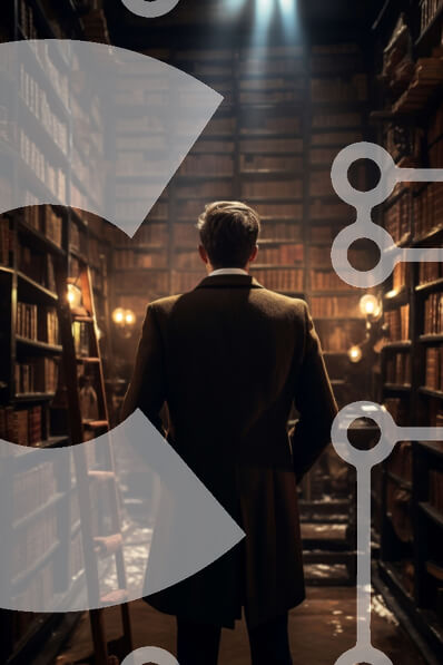 Intra Συλλεκτικό Ξύλινο Παζλ Plywood  4mm - Άνθρωπος που εξερευνά τη βιβλιοθήκη με ράφια και σκάλες Σε Ξύλινο Κουτί - Διαστάσεις Puzzle: 10x10 cm – 25 κομμάτια