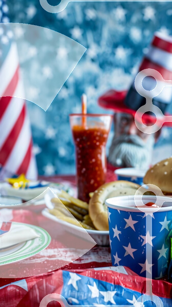 Intra Συλλεκτικό Ξύλινο Παζλ Plywood  4mm - Τραπέζι με πατριωτικό θέμα με είδη διατροφής και αμερικανική σημαία Σε Ξύλινο Κουτί - Διαστάσεις: 10x10 cm – 25 κομμάτια