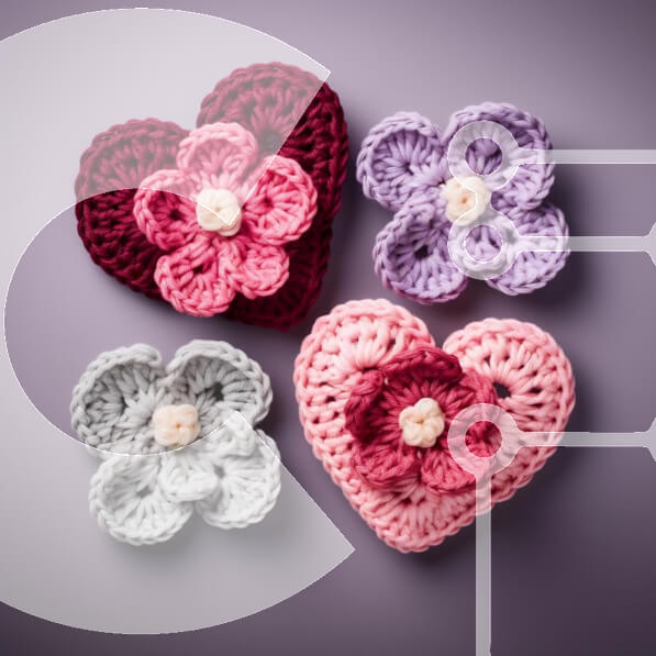 Σετ των 2 Intra Συλλεκτικό Ξύλινο Παζλ Plywood  4mm - Κροσέ λουλούδια σε σχήμα καρδιάς Σε Ξύλινο Κουτί - Διαστάσεις: 10x10 cm – 25 κομμάτια