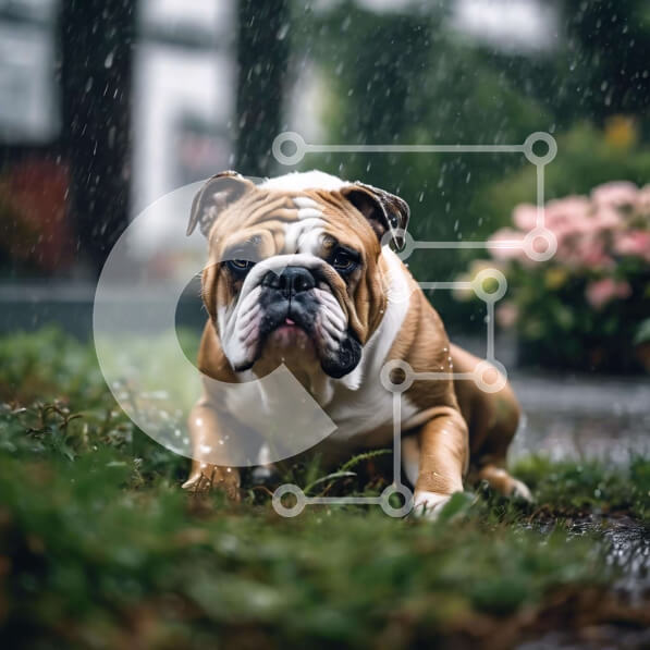 Intra Συλλεκτικό Ξύλινο Παζλ Plywood  4mm - Καφέ και λευκό μπουλντόγκ που παίζουν στη βροχή Σε Ξύλινο Κουτί - Διαστάσεις: 10x10 cm – 25 κομμάτια