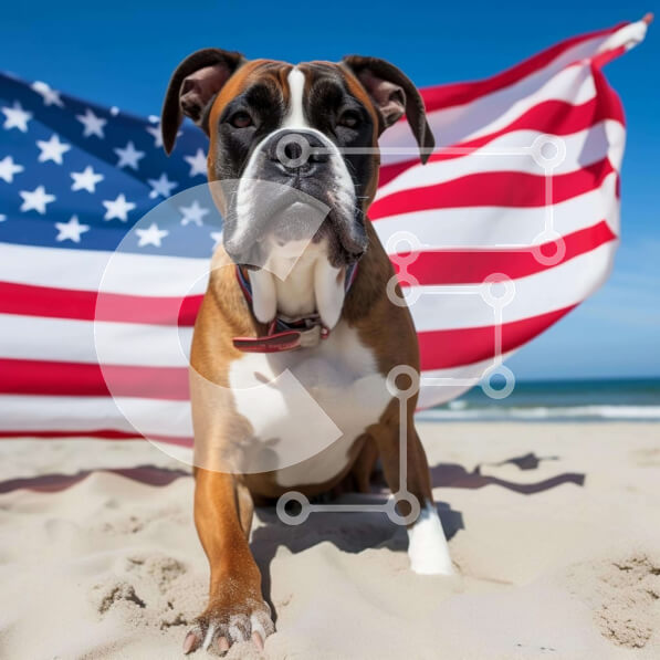 Intra Συλλεκτικό Ξύλινο Παζλ Plywood  4mm - Καφέ και λευκό σκυλί μπόξερ στην παραλία με αμερικανική σημαία Σε Ξύλινο Κουτί - Διαστάσεις: 10x10 cm – 25 κομμάτια