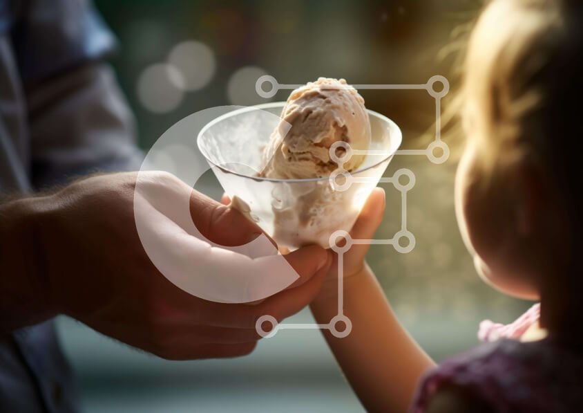 Intra Συλλεκτικό Ξύλινο Παζλ Plywood  4mm - Ευτυχισμένη στιγμή: Νεαρό κορίτσι που κρατά χωνάκι παγωτού με άντρα Σε Ξύλινο Κουτί - Διαστάσεις Puzzle: 10x10 cm – 25 κομμάτια