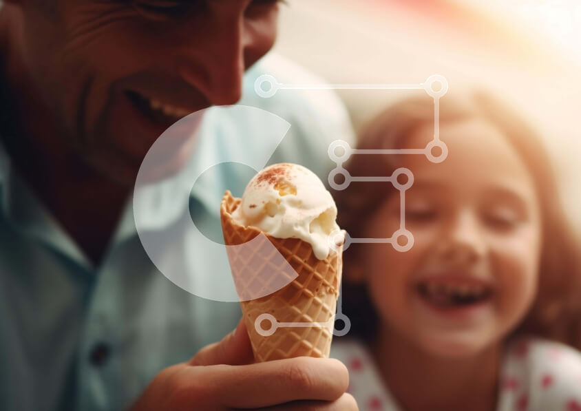 Intra Συλλεκτικό Ξύλινο Παζλ Plywood  4mm - Χαμογελαστός άνδρας με χωνάκι παγωτού και κοριτσάκι Σε Ξύλινο Κουτί - Διαστάσεις Puzzle: 10x10 cm – 25 κομμάτια