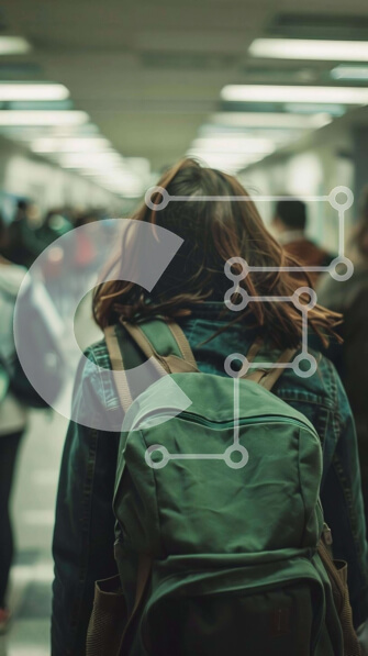 Intra Συλλεκτικό Ξύλινο Παζλ Plywood  4mm - Γυναίκα που περπατά στο διάδρομο με το σακίδιο πλάτης και τους ανθρώπους Σε Ξύλινο Κουτί - Διαστάσεις Puzzle: 10x10 cm – 25 κομμάτια