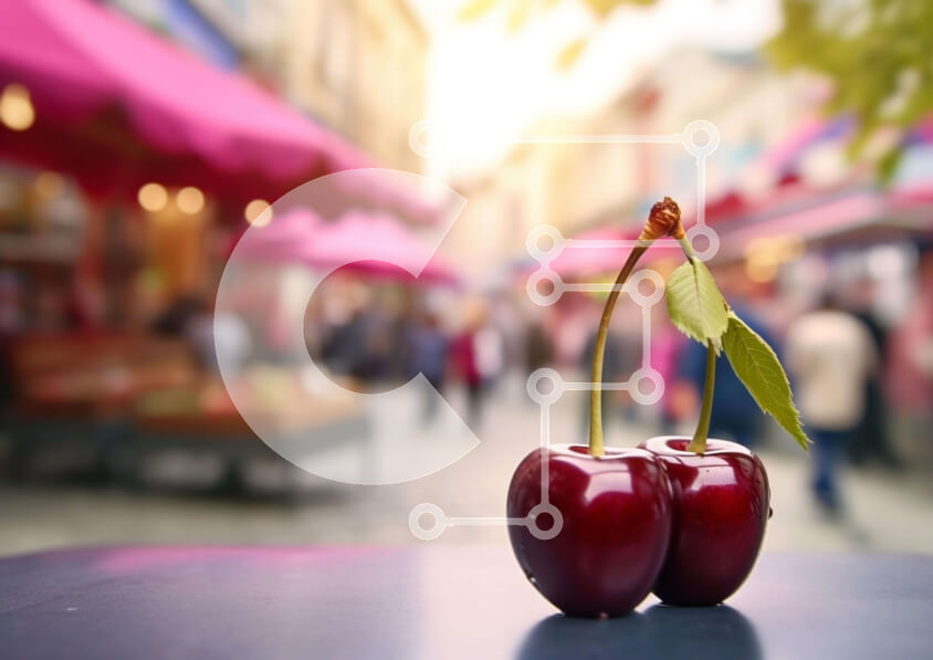 Σετ των 2 Intra Συλλεκτικό Ξύλινο Παζλ Plywood  4mm - Δύο κεράσια σε μια υπαίθρια αγορά Σε Ξύλινο Κουτί - Διαστάσεις: 10x10 cm – 25 κομμάτια