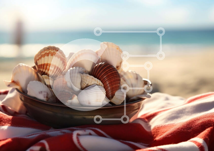 Intra Συλλεκτικό Ξύλινο Παζλ Plywood  4mm - Κοχύλια στο ασημένιο μπολ στην παραλία Σε Ξύλινο Κουτί - Διαστάσεις: 10x10 cm – 25 κομμάτια