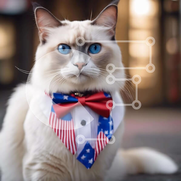 Intra Συλλεκτικό Ξύλινο Παζλ Plywood  4mm - Λευκή γάτα με παπιγιόν με αμερικανική σημαία και μπλε μάτια Σε Ξύλινο Κουτί - Διαστάσεις: 10x10 cm – 25 κομμάτια