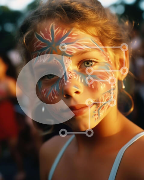 Intra Συλλεκτικό Ξύλινο Παζλ Plywood  4mm - Νεαρό κορίτσι με πολύχρωμο χρώμα προσώπου σε υπαίθρια εκδήλωση Σε Ξύλινο Κουτί - Διαστάσεις Puzzle: 10x10 cm – 25 κομμάτια