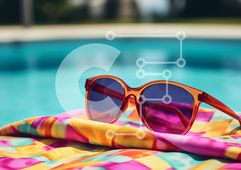 Intra Συλλεκτικό Ξύλινο Παζλ Plywood  4mm - Γυαλιά ηλίου και πετσέτα δίπλα στην πισίνα Σε Ξύλινο Κουτί - Διαστάσεις Puzzle: 10x10 cm – 25 κομμάτια