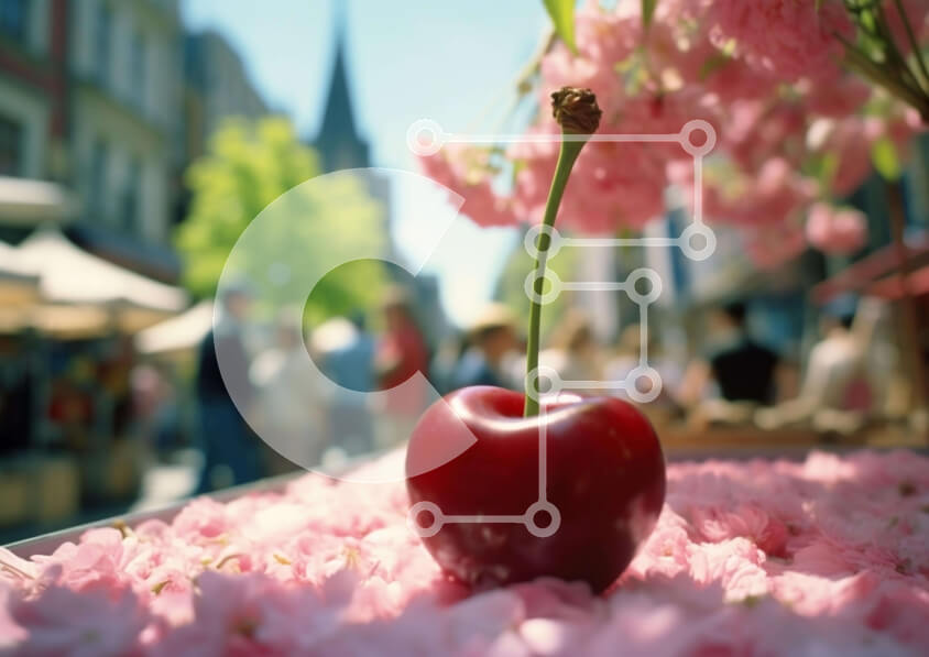 Intra Συλλεκτικό Ξύλινο Παζλ Plywood  4mm - Κόκκινο κεράσι στα ροζ λουλούδια στην υπαίθρια αγορά Σε Ξύλινο Κουτί - Διαστάσεις: 10x10 cm – 25 κομμάτια