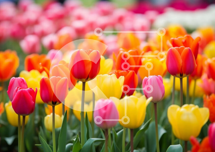 Intra Συλλεκτικό Ξύλινο Παζλ Plywood  4mm - Πεδίο με πολύχρωμες τουλίπες και διάφορα λουλούδια Σε Ξύλινο Κουτί - Διαστάσεις: 10x10 cm – 25 κομμάτια