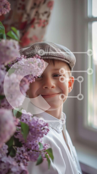 Intra Συλλεκτικό Ξύλινο Παζλ Plywood  4mm - Νεαρό αγόρι που χαμογελά μπροστά από τα λιλά λουλούδια Σε Ξύλινο Κουτί - Διαστάσεις Puzzle: 10x10 cm – 25 κομμάτια