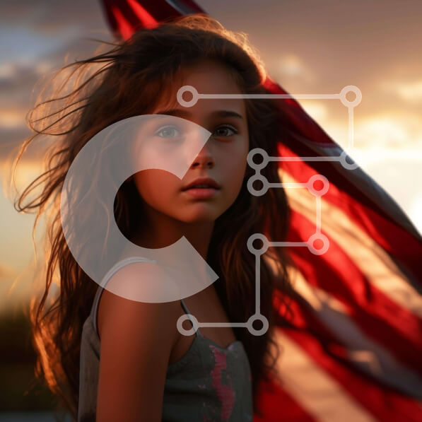 Intra Συλλεκτικό Ξύλινο Παζλ Plywood  4mm - Νεαρό κορίτσι μπροστά από την αμερικανική σημαία Σε Ξύλινο Κουτί - Διαστάσεις Puzzle: 10x10 cm – 25 κομμάτια