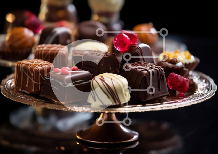 Σετ των 2 Intra Συλλεκτικό Ξύλινο Παζλ Plywood  4mm - Ποικιλία από σοκολάτες και καραμέλες σε ασημένια πιατέλα Σε Ξύλινο Κουτί - Διαστάσεις: 10x10 cm – 25 κομμάτια