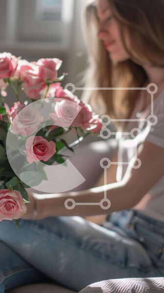 Intra Συλλεκτικό Ξύλινο Παζλ Plywood  4mm - Γυναίκα με ροζ τριαντάφυλλα στον καναπέ Σε Ξύλινο Κουτί - Διαστάσεις Puzzle: 10x10 cm – 25 κομμάτια