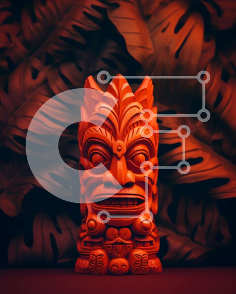 Intra Συλλεκτικό Ξύλινο Παζλ Plywood  4mm - Πορτοκαλί άγαλμα Tiki με πράσινα φύλλα Σε Ξύλινο Κουτί - Διαστάσεις Puzzle: 10x10 cm – 25 κομμάτια