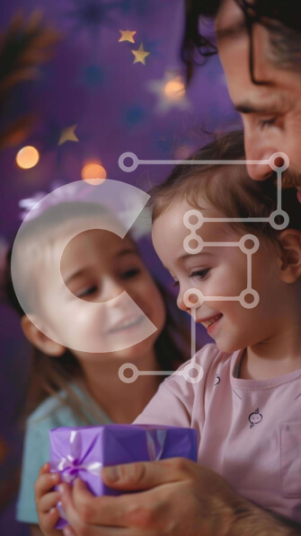 Intra Συλλεκτικό Ξύλινο Παζλ Plywood  4mm - Άνδρας και δύο νεαρά κορίτσια με μωβ κουτί δώρου Σε Ξύλινο Κουτί - Διαστάσεις Puzzle: 10x10 cm – 25 κομμάτια