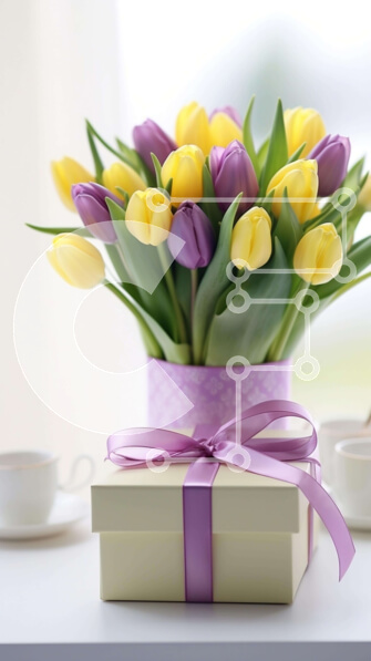 Σετ των 2 Intra Συλλεκτικό Ξύλινο Παζλ Plywood  4mm - Κίτρινες και μωβ τουλίπες σε βάζο με κουτί δώρου και κύπελλα Σε Ξύλινο Κουτί - Διαστάσεις: 10x10 cm – 25 κομμάτια