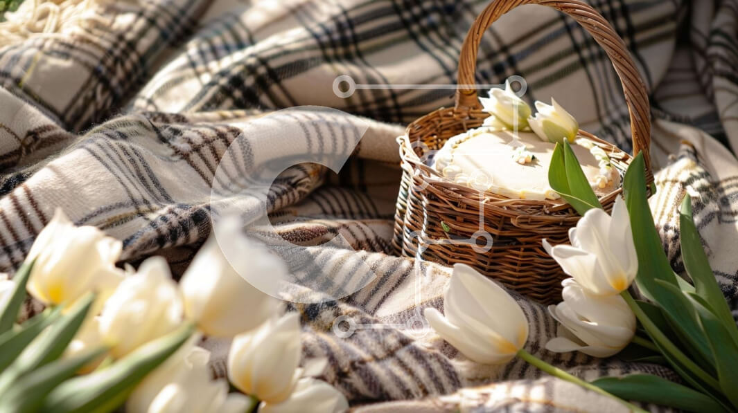 Intra Συλλεκτικό Ξύλινο Παζλ Plywood  4mm - Καλάθι με λευκές τουλίπες σε καρό κουβέρτα με κέικ Σε Ξύλινο Κουτί - Διαστάσεις: 10x10 cm – 25 κομμάτια