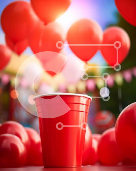 Intra Συλλεκτικό Ξύλινο Παζλ Plywood  4mm - Κόκκινο χάρτινο κύπελλο και κόκκινα μπαλόνια στην υπαίθρια γιορτή Σε Ξύλινο Κουτί - Διαστάσεις Puzzle: 10x10 cm – 25 κομμάτια