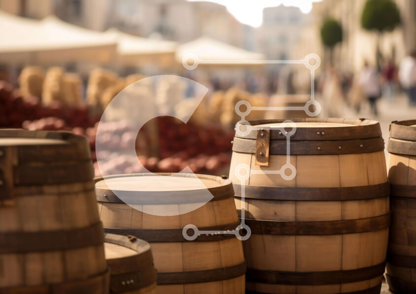 Intra Συλλεκτικό Ξύλινο Παζλ Plywood  4mm - Ξύλινα βαρέλια σε μια λαϊκή αγορά με κόσμο Σε Ξύλινο Κουτί - Διαστάσεις Puzzle: 10x10 cm – 25 κομμάτια