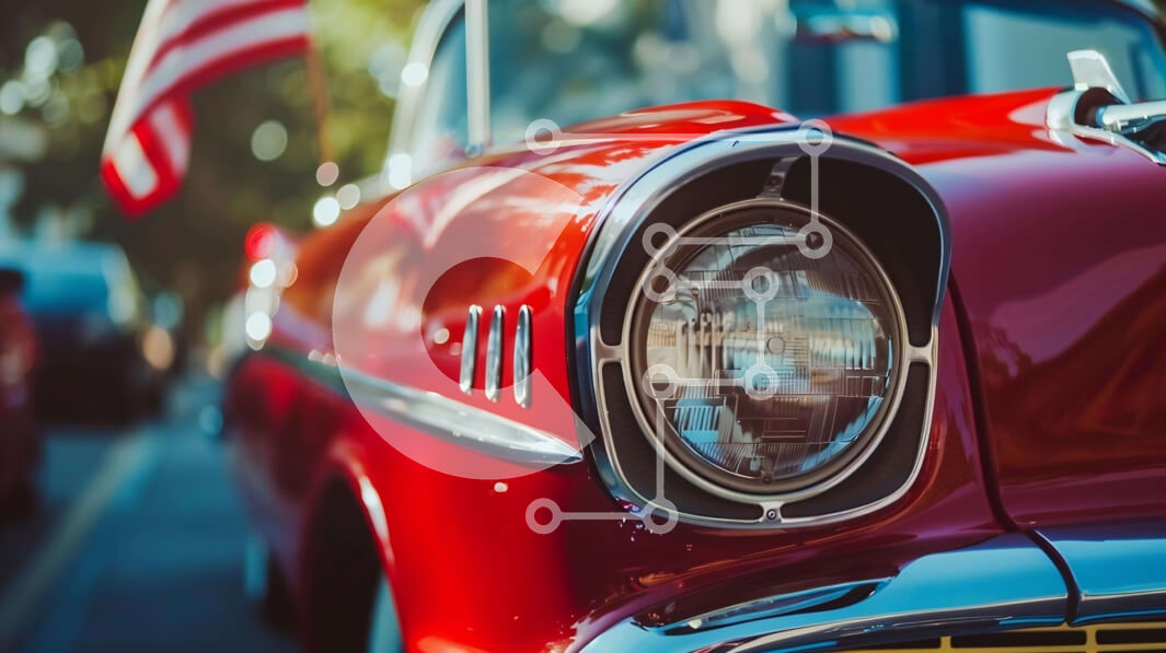 Intra Συλλεκτικό Ξύλινο Παζλ Plywood  4mm - Κόκκινο κλασικό αυτοκίνητο με αμερικανική σημαία Σε Ξύλινο Κουτί - Διαστάσεις Puzzle: 10x10 cm – 25 κομμάτια