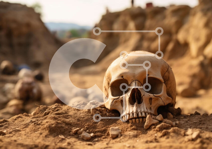 Intra Συλλεκτικό Ξύλινο Παζλ Plywood  4mm - Αρχαιολογικός Χώρος με Διάσπαρτα Κρανία Σε Ξύλινο Κουτί - Διαστάσεις Puzzle: 10x10 cm – 25 κομμάτια