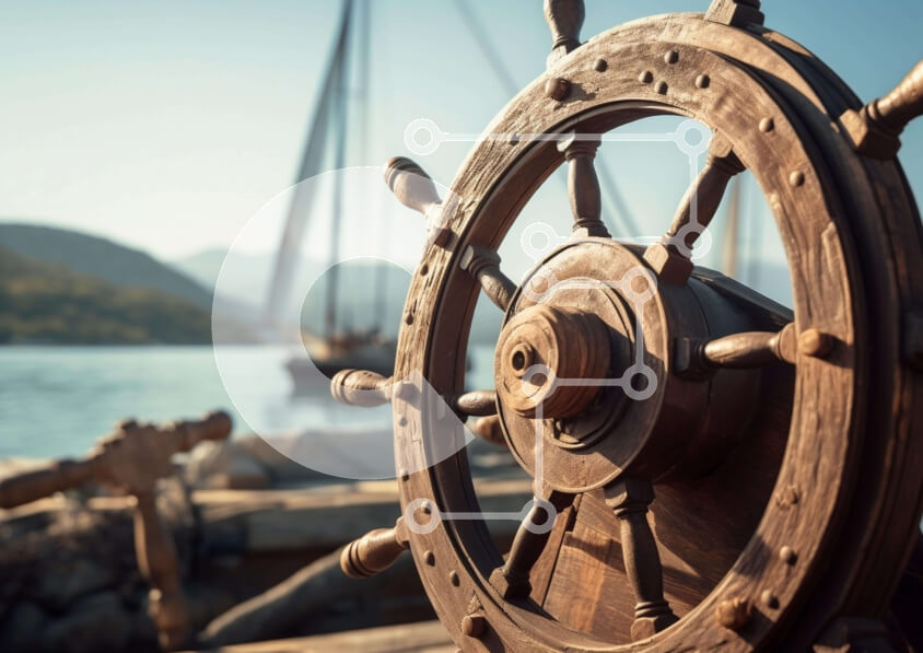 Intra Συλλεκτικό Ξύλινο Παζλ Plywood  4mm - Ναυτική σκηνή με Ξύλινο τιμόνι πλοίου και βάρκες Σε Ξύλινο Κουτί - Διαστάσεις Puzzle: 10x10 cm – 25 κομμάτια