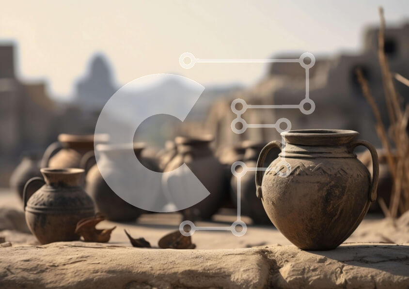 Intra Συλλεκτικό Ξύλινο Παζλ Plywood  4mm - Κεραμικά αγγεία μπροστά από το αρχαίο κτίριο Σε Ξύλινο Κουτί - Διαστάσεις Puzzle: 10x10 cm – 25 κομμάτια