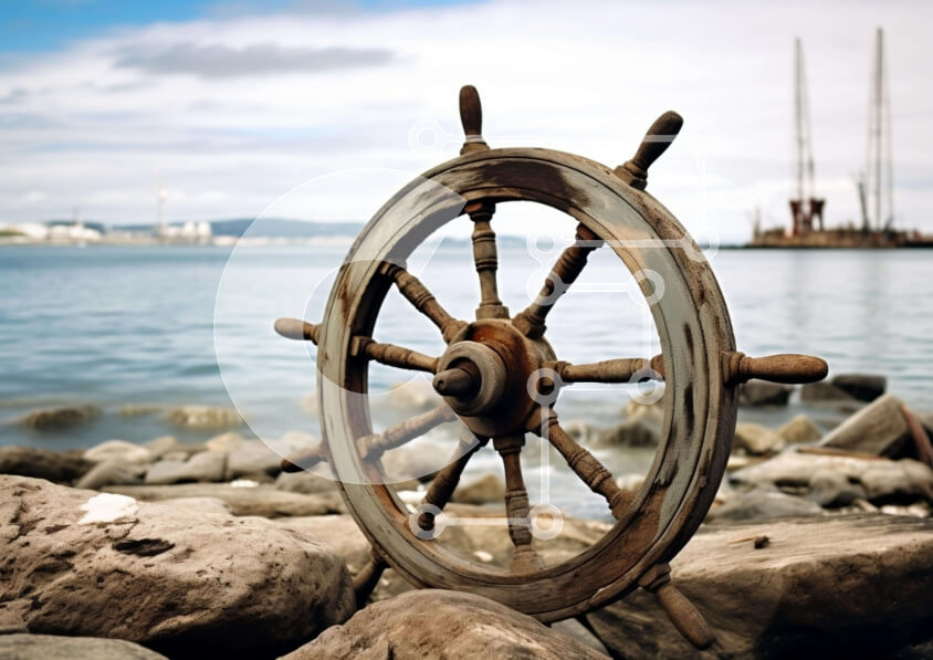 Intra Συλλεκτικό Ξύλινο Παζλ Plywood  4mm - Σκουριασμένος τροχός πλοίου σε βράχους κοντά στο νερό Σε Ξύλινο Κουτί - Διαστάσεις: 10x10 cm – 25 κομμάτια