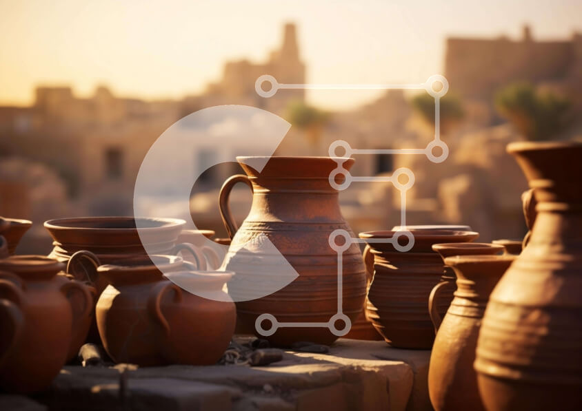 Intra Συλλεκτικό Ξύλινο Παζλ Plywood  4mm - Καφέ αγγεία κεραμικής μπροστά από το αρχαίο κτίριο Σε Ξύλινο Κουτί - Διαστάσεις: 10x10 cm – 25 κομμάτια