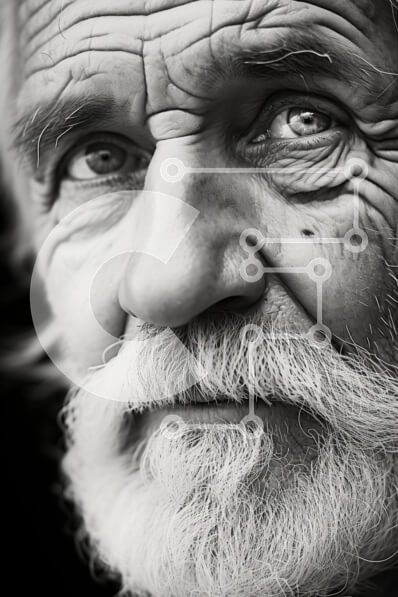 Intra Συλλεκτικό Ξύλινο Παζλ Plywood  4mm - Κοντινό πλάνο πορτρέτο ενός ηλικιωμένου άνδρα με λευκή γενειάδα και μπλε μάτια Σε Ξύλινο Κουτί - Διαστάσεις Puzzle: 10x10 cm – 25 κομμάτια