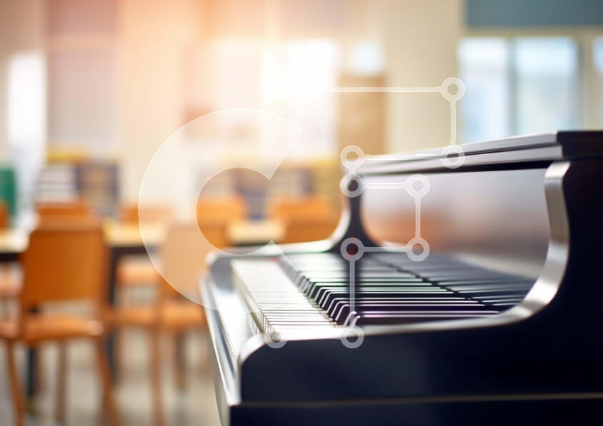 Intra Συλλεκτικό Ξύλινο Παζλ Plywood  4mm - Μαύρο πιάνο με ουρά σε μια άδεια τάξη Σε Ξύλινο Κουτί - Διαστάσεις Puzzle: 10x10 cm – 25 κομμάτια