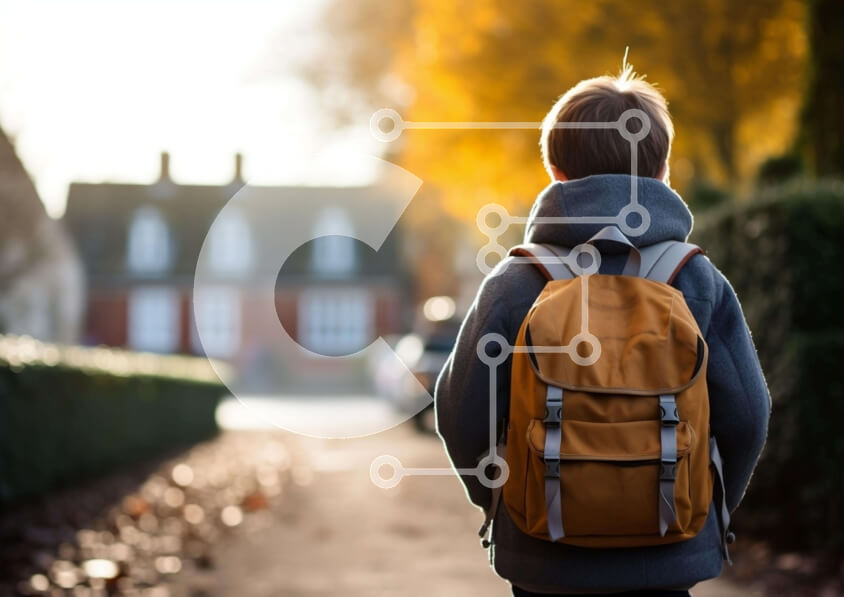 Intra Συλλεκτικό Ξύλινο Παζλ Plywood  4mm - Νεαρό αγόρι που περπατά με το σακίδιο πλάτης στο δρόμο Σε Ξύλινο Κουτί - Διαστάσεις Puzzle: 10x10 cm – 25 κομμάτια