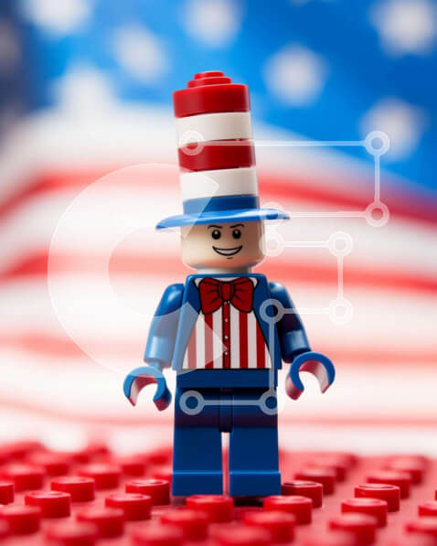 Intra Συλλεκτικό Ξύλινο Παζλ Plywood  4mm - Πατριωτική φιγούρα Lego σε μπλοκ αμερικανικών σημαιών Σε Ξύλινο Κουτί - Διαστάσεις Puzzle: 10x10 cm – 25 κομμάτια