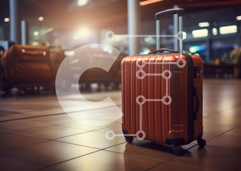 Intra Συλλεκτικό Ξύλινο Παζλ Plywood  4mm - Πορτοκαλί βαλίτσα στον τερματικό σταθμό του αεροδρομίου Σε Ξύλινο Κουτί - Διαστάσεις Puzzle: 10x10 cm – 25 κομμάτια