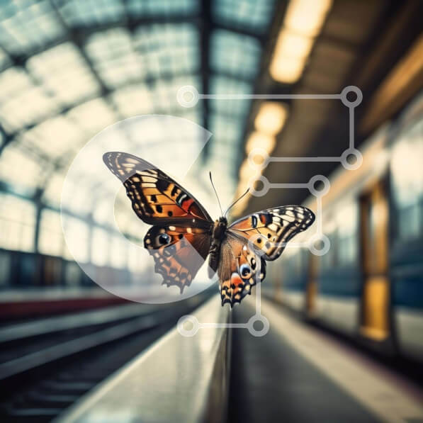 Intra Συλλεκτικό Ξύλινο Παζλ Plywood  4mm - Πεταλούδα σε εσωτερικό σιδηροδρομικό σταθμό με διερχόμενα τρένα Σε Ξύλινο Κουτί - Διαστάσεις: 10x10 cm – 25 κομμάτια