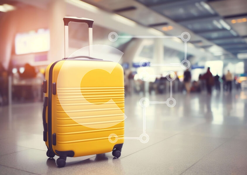 Intra Συλλεκτικό Ξύλινο Παζλ Plywood  4mm - Κίτρινη βαλίτσα στον τερματικό σταθμό του αεροδρομίου Σε Ξύλινο Κουτί - Διαστάσεις Puzzle: 10x10 cm – 25 κομμάτια