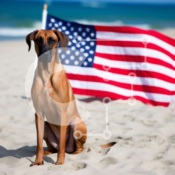 Intra Συλλεκτικό Ξύλινο Παζλ Plywood  4mm - Μεγάλο καφέ σκυλί στην παραλία με την αμερικανική σημαία Σε Ξύλινο Κουτί - Διαστάσεις: 10x10 cm – 25 κομμάτια