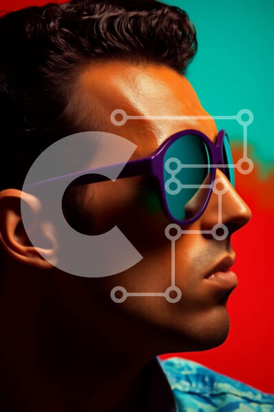 Intra Συλλεκτικό Ξύλινο Παζλ Plywood  4mm - Άνδρας με μωβ γυαλιά ηλίου σε πολύχρωμο φόντο Σε Ξύλινο Κουτί - Διαστάσεις Puzzle: 10x10 cm – 25 κομμάτια