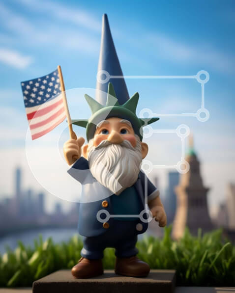 Intra Συλλεκτικό Ξύλινο Παζλ Plywood  4mm - Παιχνίδι Gnome που κρατά την αμερικανική σημαία στο αστικό τοπίο Σε Ξύλινο Κουτί - Διαστάσεις Puzzle: 10x10 cm – 25 κομμάτια