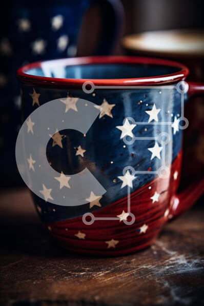 Intra Συλλεκτικό Ξύλινο Παζλ Plywood  4mm - Κόκκινες, λευκές και μπλε κούπες με αστέρια σε ξύλινο τραπέζι Σε Ξύλινο Κουτί - Διαστάσεις: 10x10 cm – 25 κομμάτια