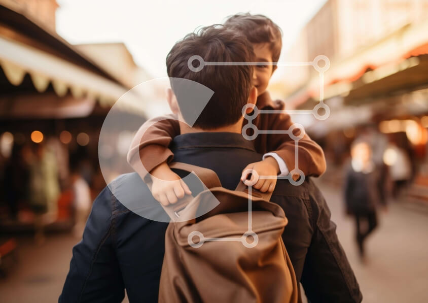 Intra Συλλεκτικό Ξύλινο Παζλ Plywood  4mm - Πατέρας και γιος περπατούν στην αστική περιοχή Σε Ξύλινο Κουτί - Διαστάσεις Puzzle: 10x10 cm – 25 κομμάτια