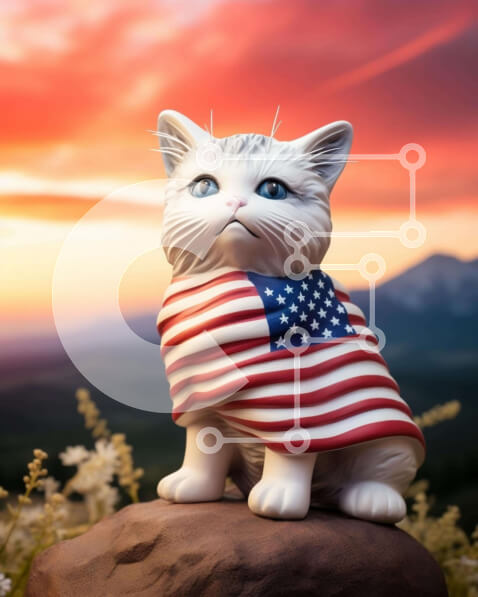 Σετ των 2 Intra Συλλεκτικό Ξύλινο Παζλ Plywood  4mm - Λευκή γάτα με αμερικανική σημαία που απολαμβάνει το ηλιοβασίλεμα Σε Ξύλινο Κουτί - Διαστάσεις: 10x10 cm – 25 κομμάτια