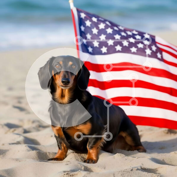 Intra Συλλεκτικό Ξύλινο Παζλ Plywood  4mm - Πατριωτικό σκυλί Dachshund στην παραλία με αμερικανική σημαία Σε Ξύλινο Κουτί - Διαστάσεις Puzzle: 10x10 cm – 25 κομμάτια