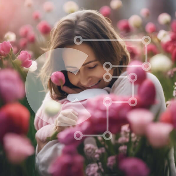 Intra Συλλεκτικό Ξύλινο Παζλ Plywood  4mm - Μητέρα και μωρό σε ένα χωράφι με ροζ τουλίπες Σε Ξύλινο Κουτί - Διαστάσεις Puzzle: 10x10 cm – 25 κομμάτια