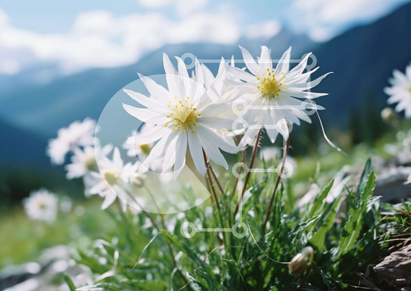 Intra Συλλεκτικό Ξύλινο Παζλ Plywood  4mm - Λευκές μαργαρίτες σε χορταριασμένο χωράφι με βουνά Σε Ξύλινο Κουτί - Διαστάσεις: 10x10 cm – 25 κομμάτια