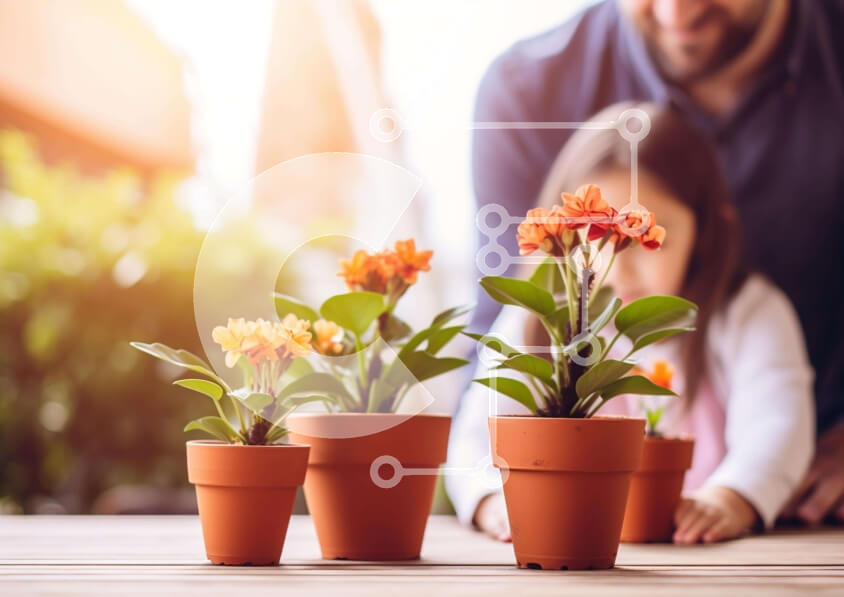 Intra Συλλεκτικό Ξύλινο Παζλ Plywood  4mm - Άνδρας και κόρη κηπουρική με λουλούδια σε γλάστρες Σε Ξύλινο Κουτί - Διαστάσεις Puzzle: 10x10 cm – 25 κομμάτια