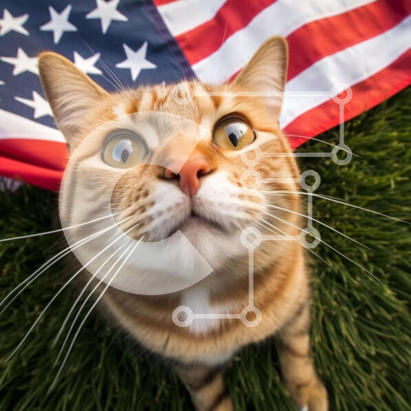 Intra Συλλεκτικό Ξύλινο Παζλ Plywood  4mm - Περίεργη γάτα που κάθεται μπροστά από την αμερικανική σημαία Σε Ξύλινο Κουτί - Διαστάσεις: 10x10 cm – 25 κομμάτια